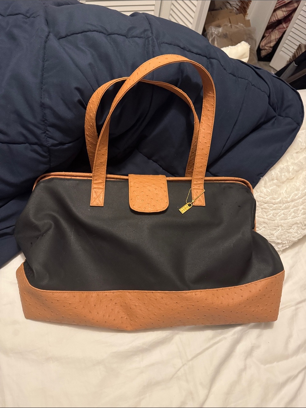 Elizabeth Arden Black and Tan Women's Tote Bag with Faux Ostrich Trim & Hang tag
